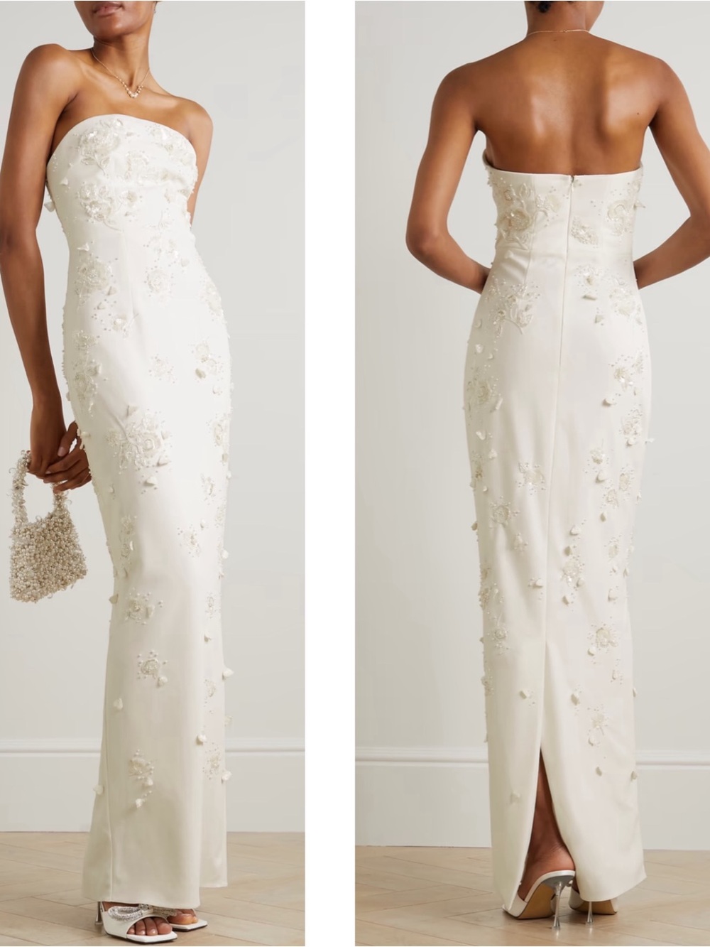 CLIO PEPPIATT Scatter Floral Crystal Sequin Embellished White Maxi Dress Size S